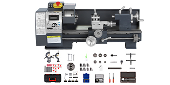 VEVOR metal lathe with accessories including clamps, cutters, and screws.
