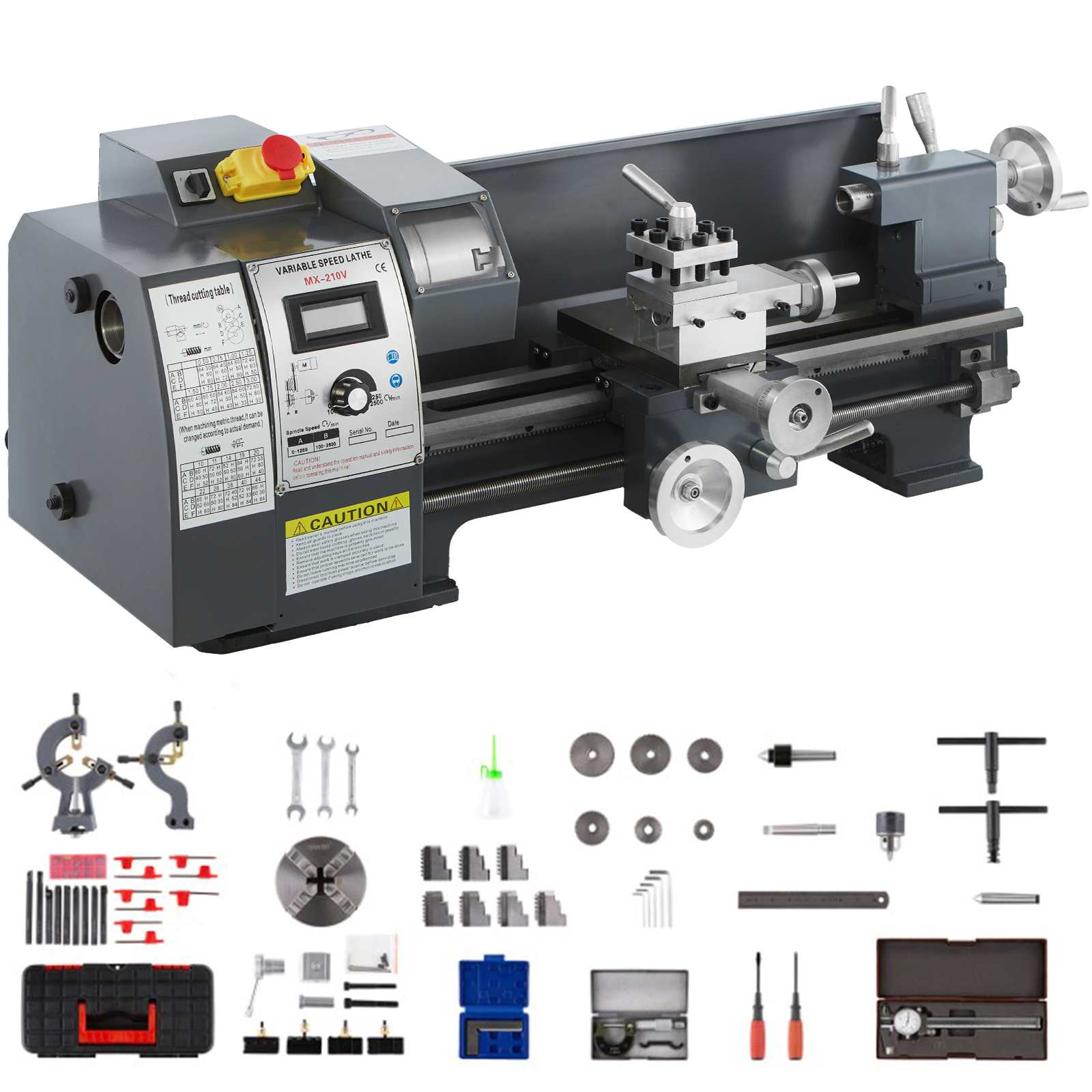 VEVOR metal lathe with accessories, including wrenches, gears, and various tools.