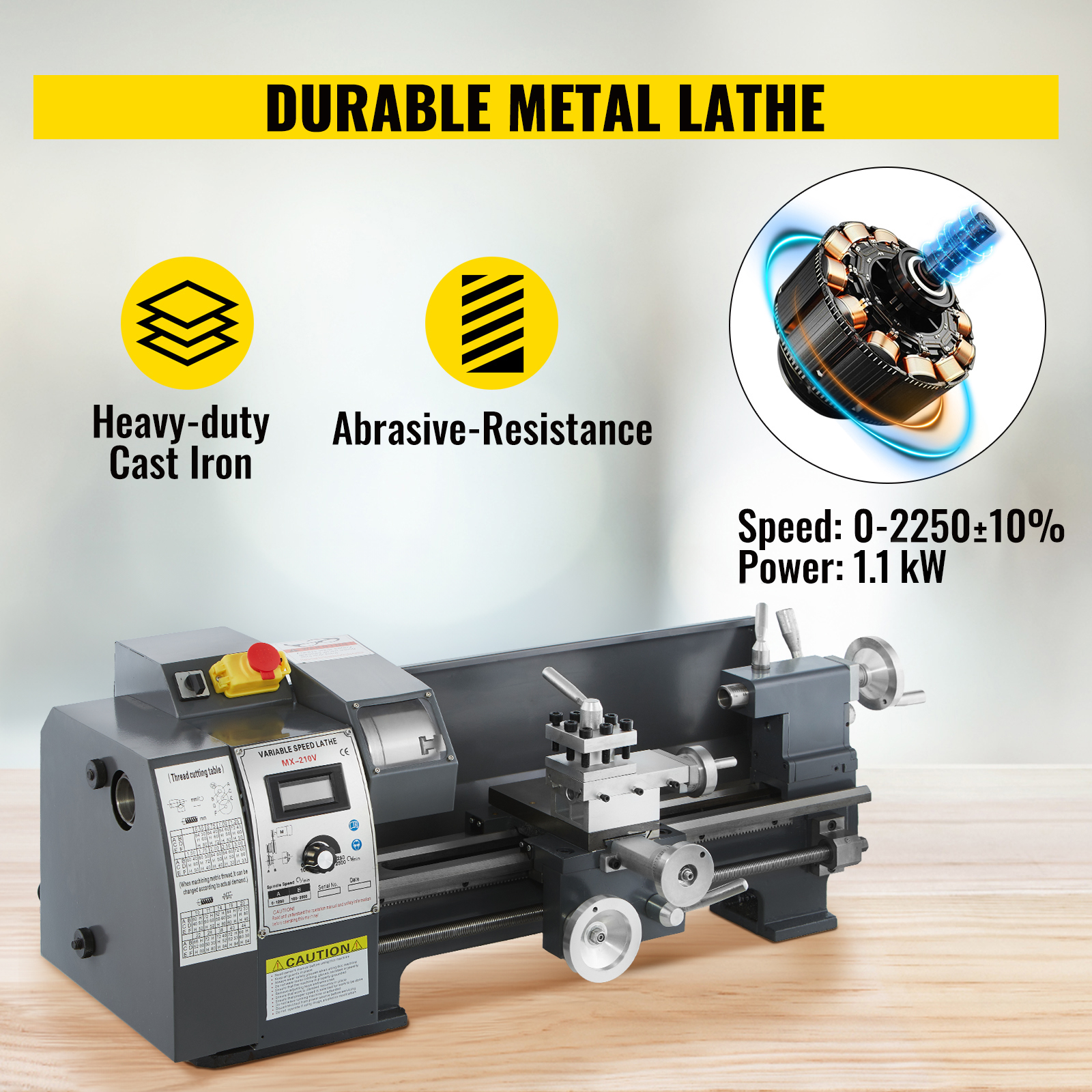 VEVOR metal lathe showcasing cast iron construction, abrasive resistance, 1.1 kw power.