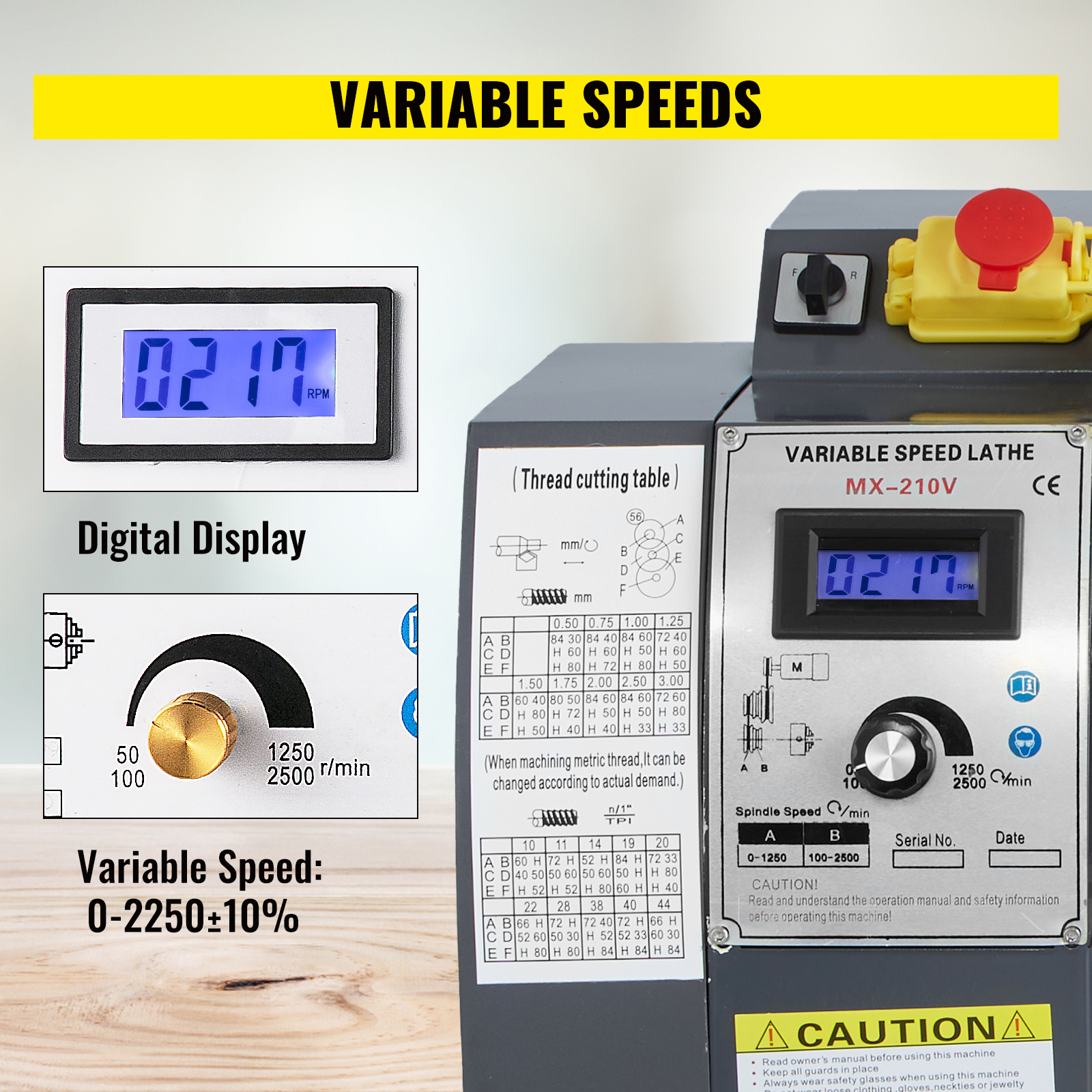 VEVOR metal lathe with digital display showing 0217 rpm and variable speed control.