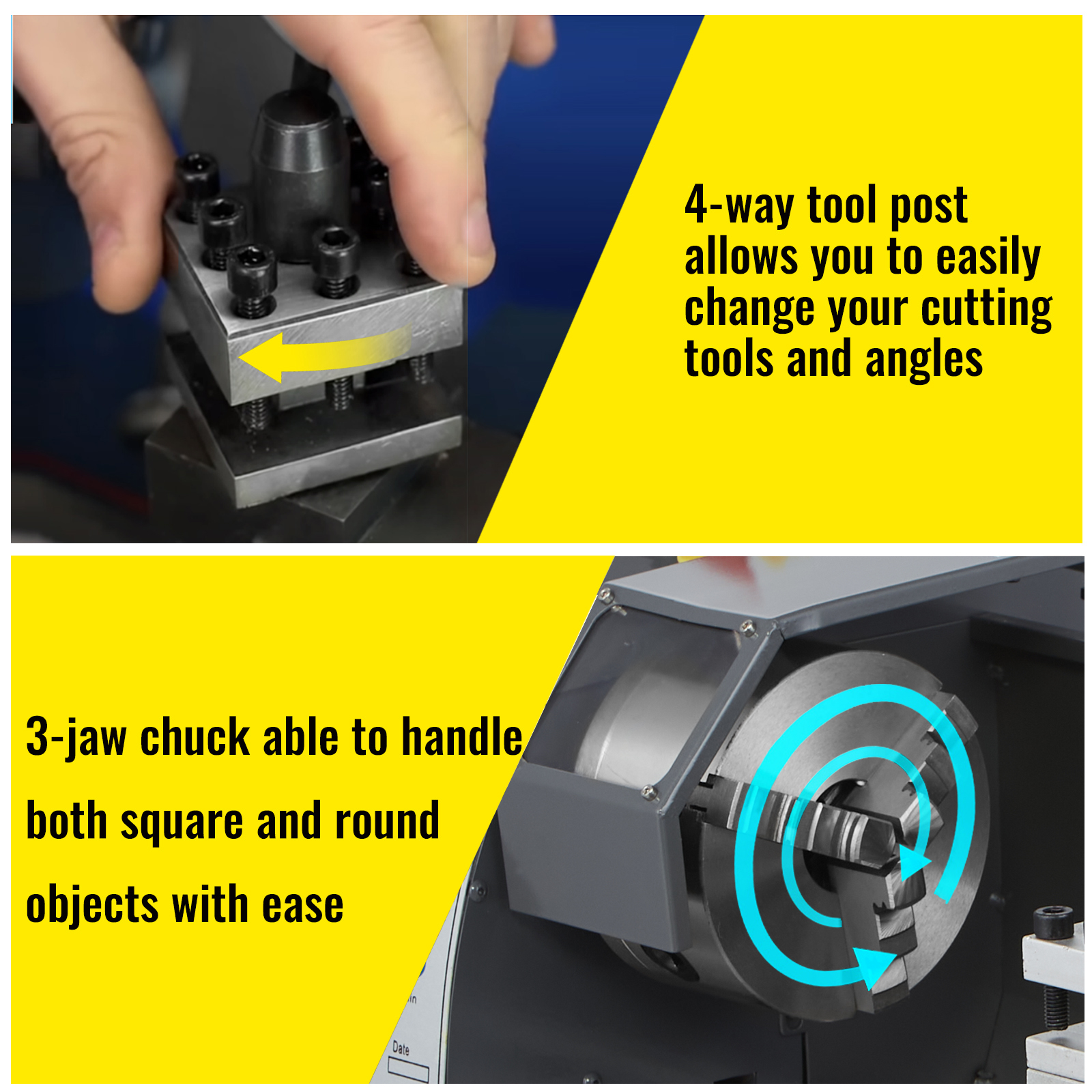 VEVOR metal lathe with 4-way tool post and 3-jaw chuck for versatile cutting and shaping.
