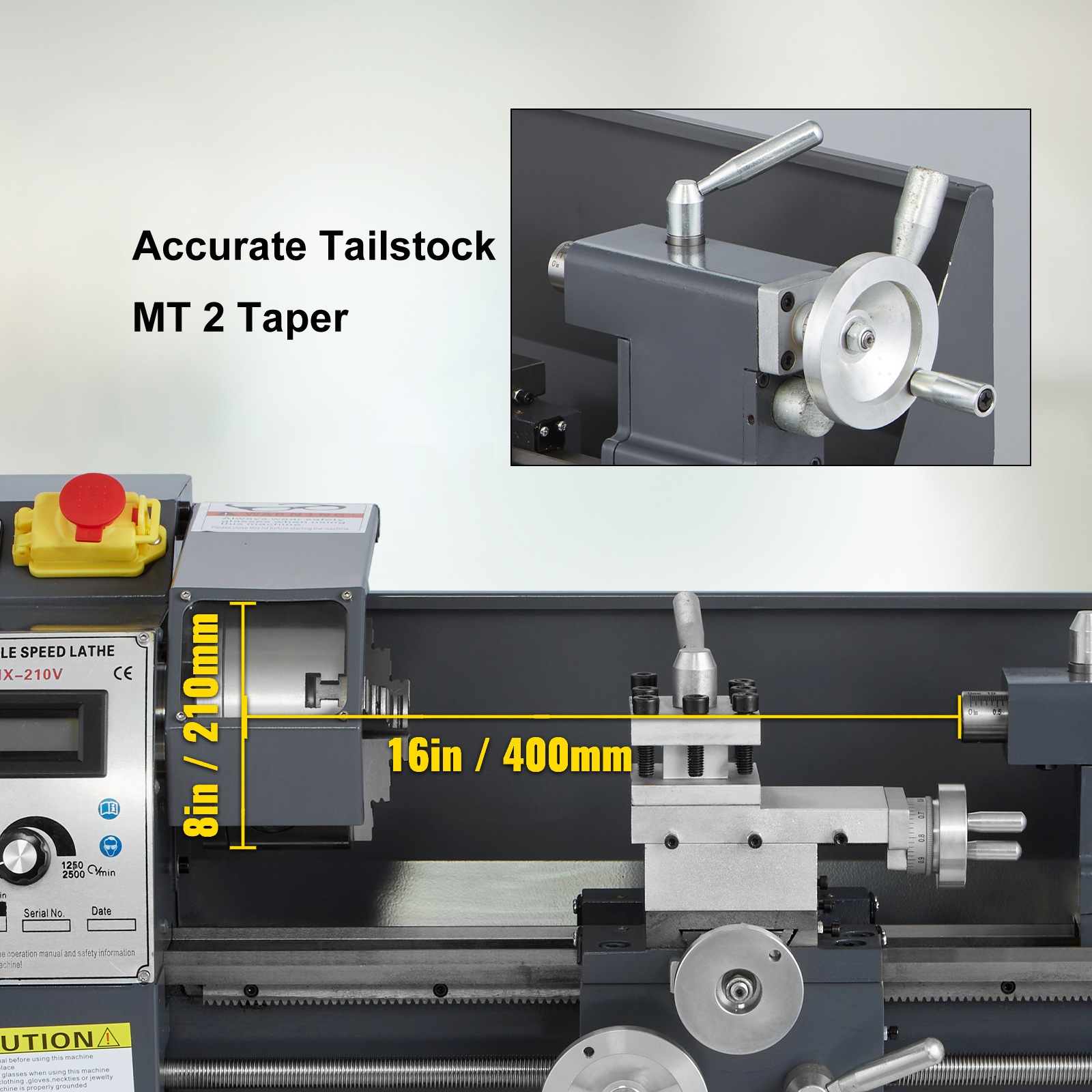 VEVOR metal lathe with accurate tailstock showing mt 2 taper and 16in/400mm dimension.