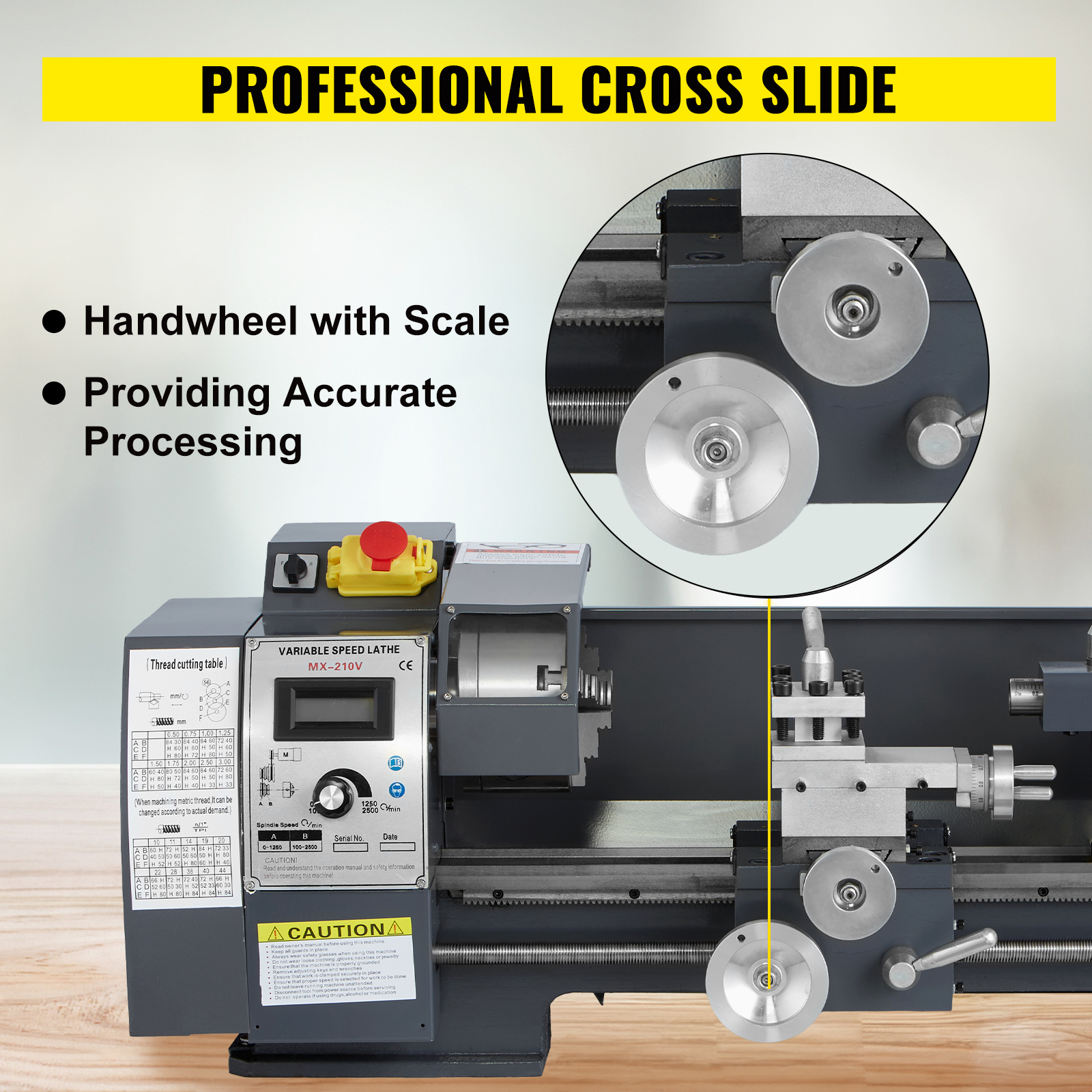 VEVOR metal lathe with handwheel scale for precise processing, professional cross slide.