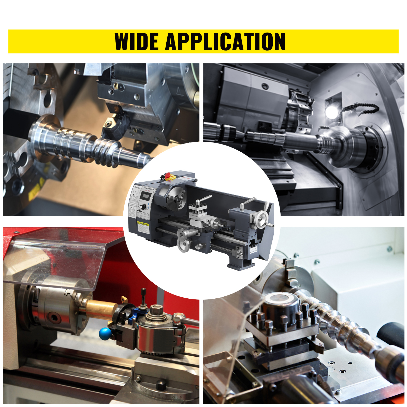 VEVOR metal lathe used in various industrial machining applications.