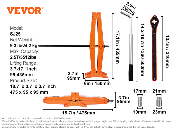 VEVOR scissor jack sj25 specs with weights, dimensions, and lifting range details displayed.