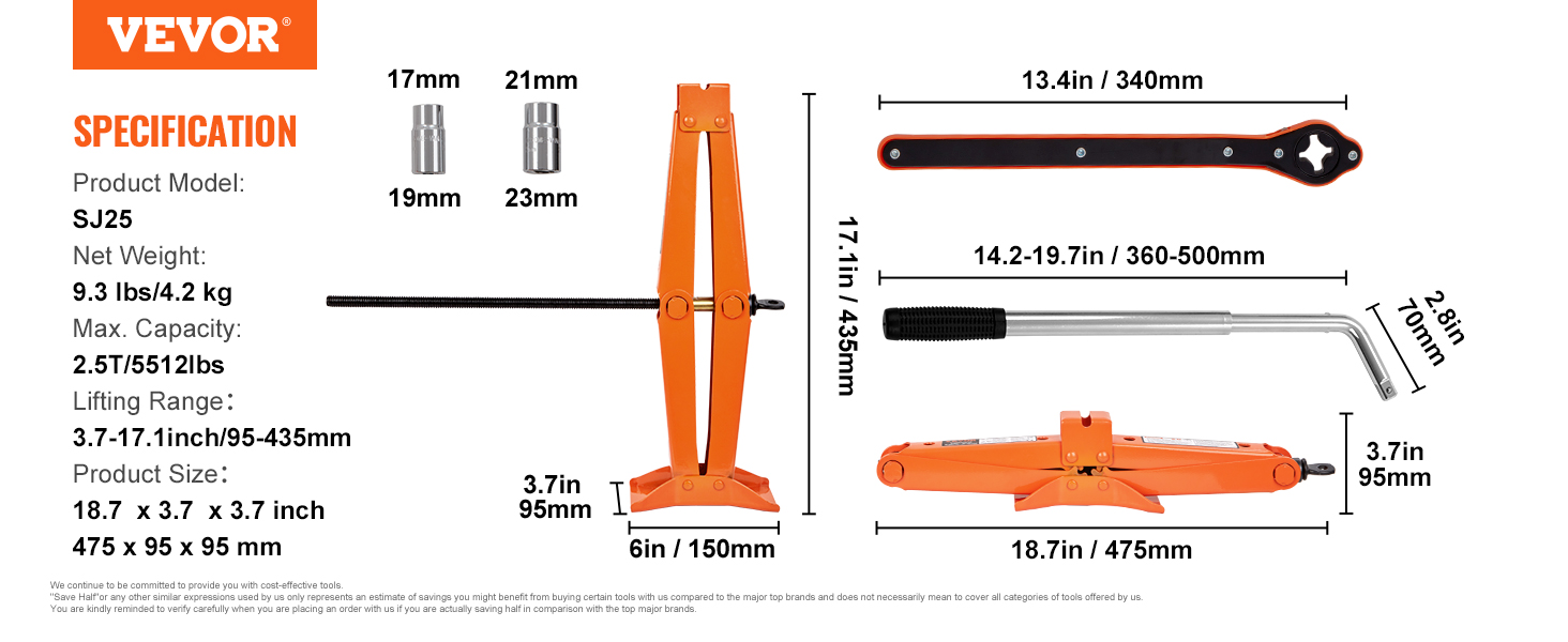 VEVOR scissor jack sj25 specs with weights, dimensions, and lifting range details displayed.