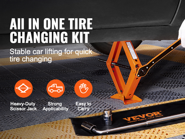 VEVOR scissor jack lifting a car with a tire changing kit on a textured surface.
