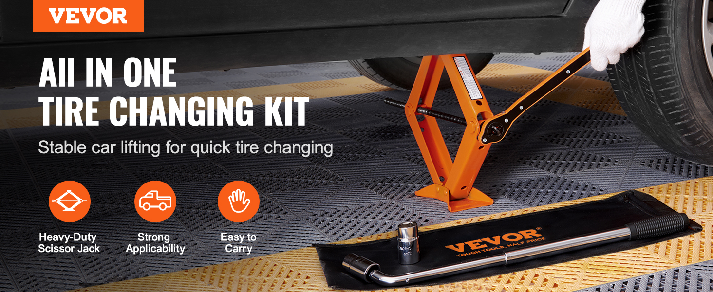 VEVOR scissor jack lifting a car with a tire changing kit on a textured surface.