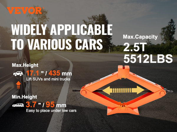 VEVOR scissor jack lifting a car with max height 17.1"/435mm and max capacity 2.5t/5512lbs.