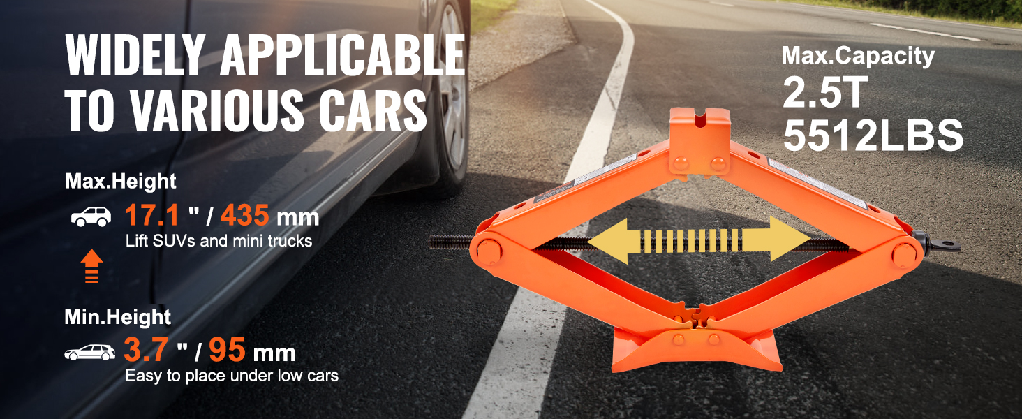 VEVOR scissor jack lifting a car with max height 17.1"/435mm and max capacity 2.5t/5512lbs.
