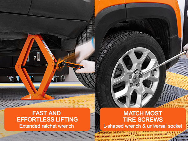 VEVOR scissor jack lifting car with ratchet wrench and matching tire screws using l-shaped wrench.