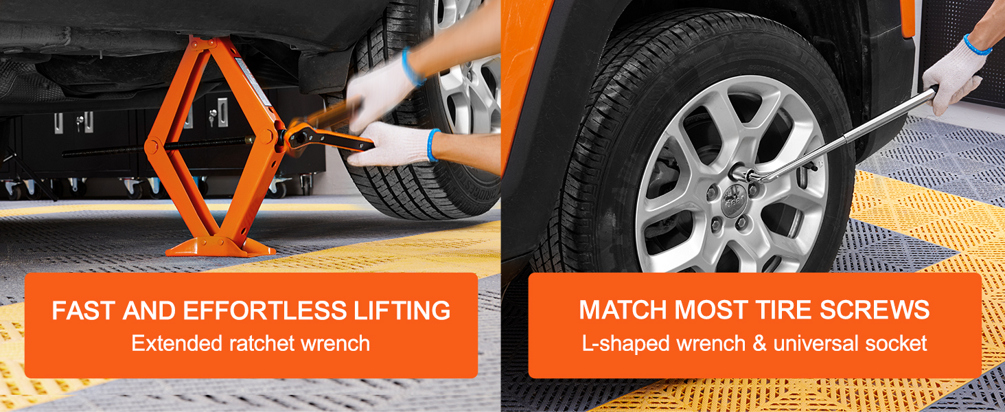 VEVOR scissor jack lifting car with ratchet wrench and matching tire screws using l-shaped wrench.