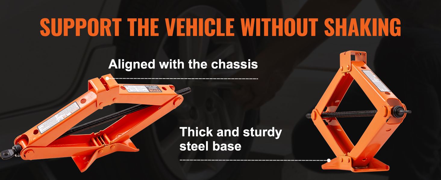 VEVOR scissor jack: sturdy steel base, aligned with chassis, supports vehicle without shaking.