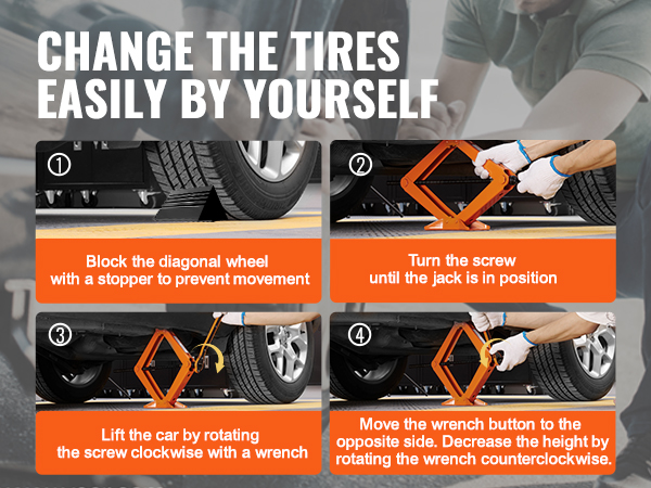 steps to change tires using VEVOR scissor jack: block wheel, turn screw, lift car, adjust height.