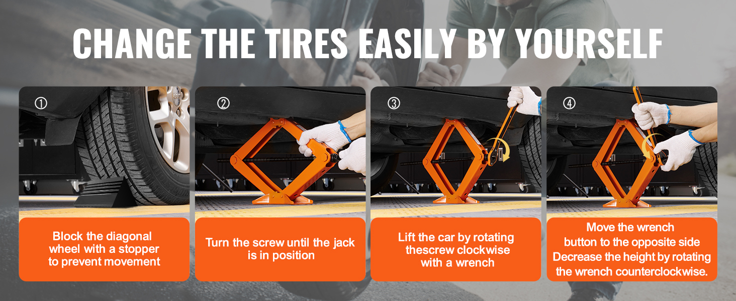 steps to change tires using VEVOR scissor jack: block wheel, turn screw, lift car, adjust height.