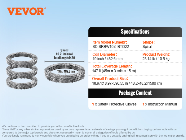 VEVOR razor wire fence, with 3 rolls of 49.21 inches each, 19-inch diameter, and total length of 147 feet.