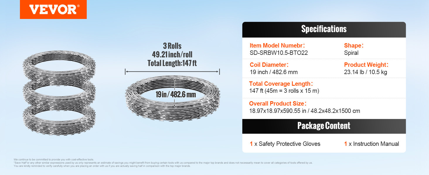 VEVOR razor wire fence, with 3 rolls of 49.21 inches each, 19-inch diameter, and total length of 147 feet.