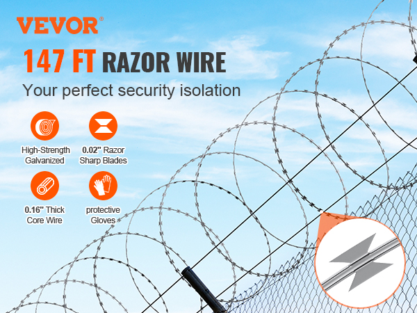 VEVOR razor wire fence with 147 ft razor wire, high-strength galvanized, and protective gloves.