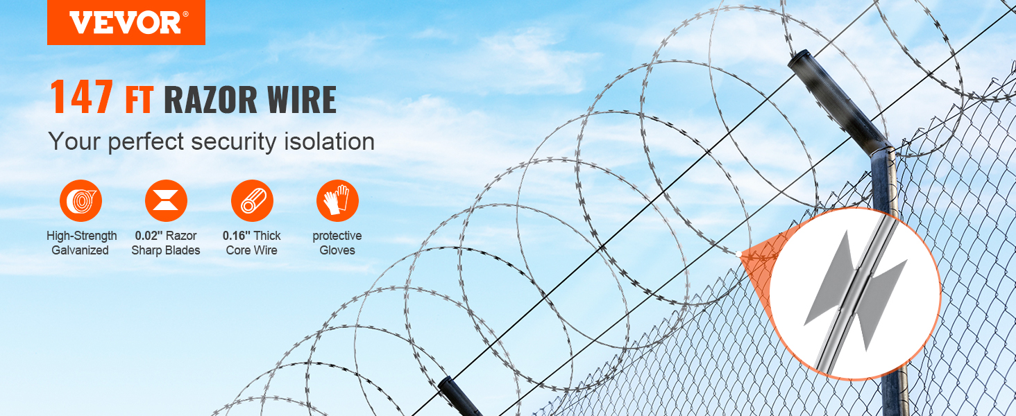 VEVOR razor wire fence with 147 ft razor wire, high-strength galvanized, and protective gloves.