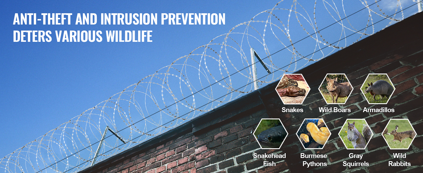 VEVOR razor wire fence over brick wall deterring wildlife like snakes, wild boars, and armadillos.