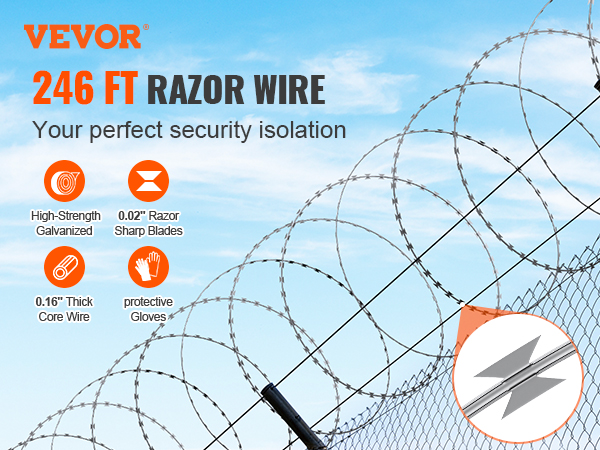 VEVOR razor wire, 246 ft, high-strength galvanized with 0.02" sharp blades and 0.16" thick core wire.