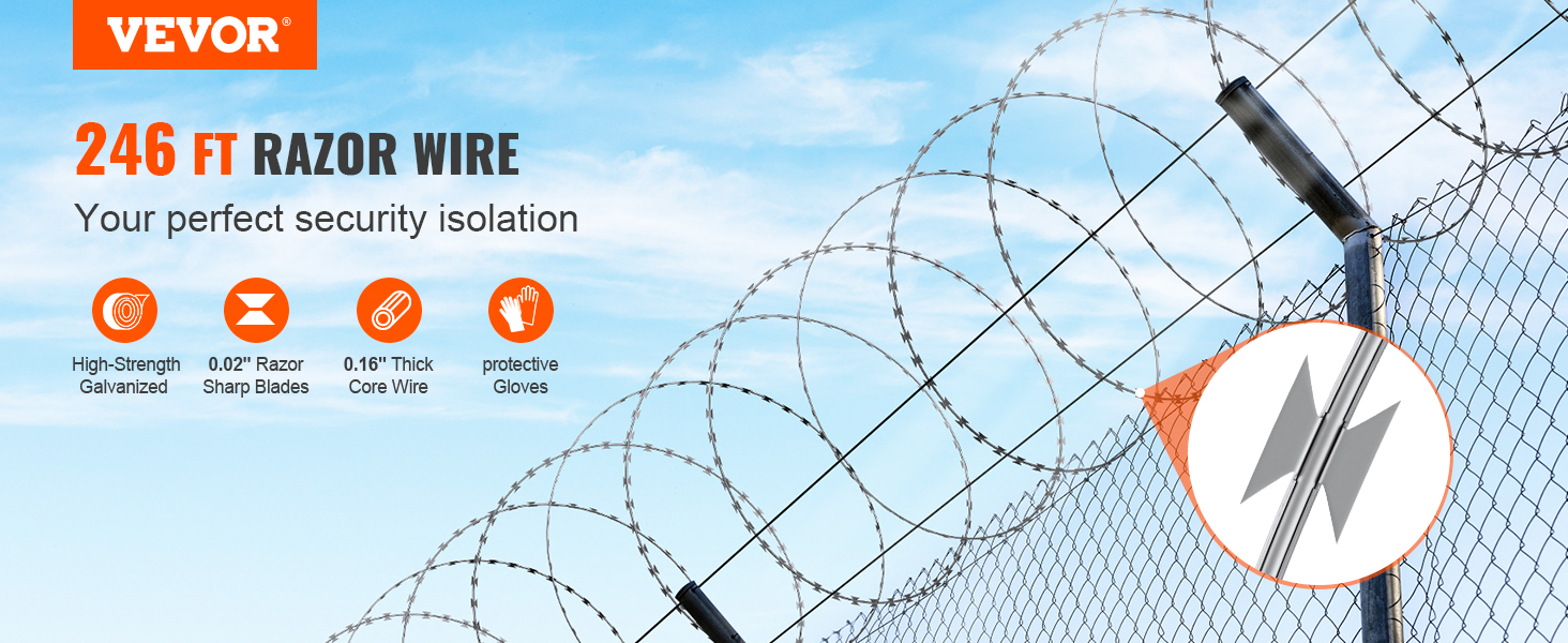 VEVOR razor wire, 246 ft, high-strength galvanized with 0.02" sharp blades and 0.16" thick core wire.