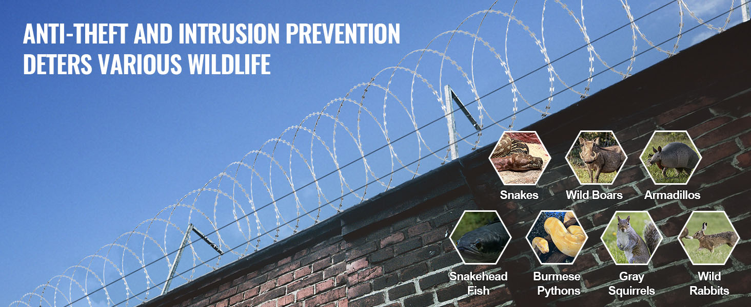 VEVOR razor wire on brick wall deters snakes, wild boars, armadillos, and other wildlife.