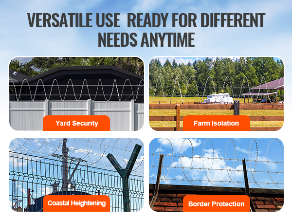 VEVOR razor wire for versatile use: yard security, farm isolation, coastal heightening, border protection.