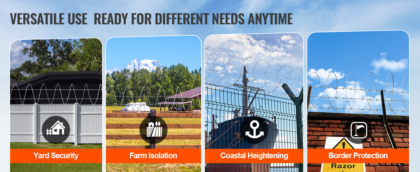 VEVOR razor wire for versatile use: yard security, farm isolation, coastal heightening, border protection.