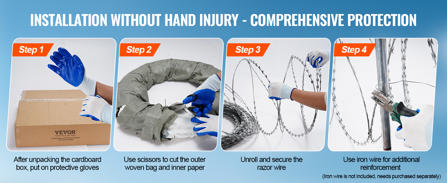 VEVOR razor wire installation steps: wear gloves, cut packaging, unroll wire, secure with iron wire.