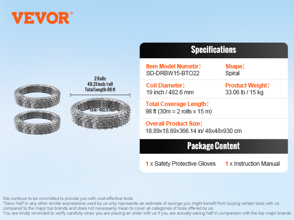 VEVOR razor wire fence, 2 rolls, 98 ft total length, 19-inch coil diameter, with gloves and manual.