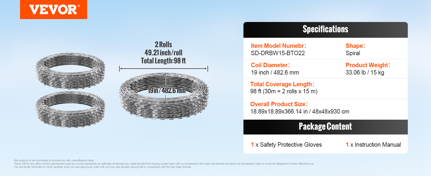 VEVOR razor wire fence, 2 rolls, 98 ft total length, 19-inch coil diameter, with gloves and manual.
