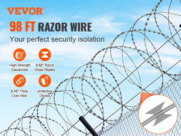 VEVOR razor wire fence, high-strength galvanized, 0.02" razor blades, 0.16" thick core wire.
