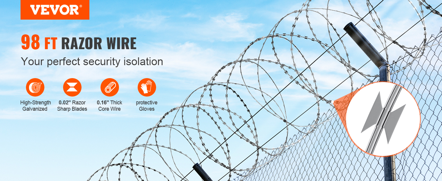 VEVOR razor wire fence, high-strength galvanized, 0.02" razor blades, 0.16" thick core wire.