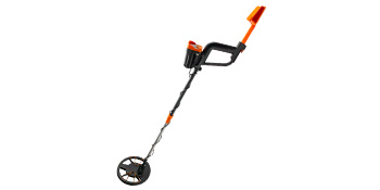 VEVOR waterproof metal detector with ergonomic handle and orange accents.