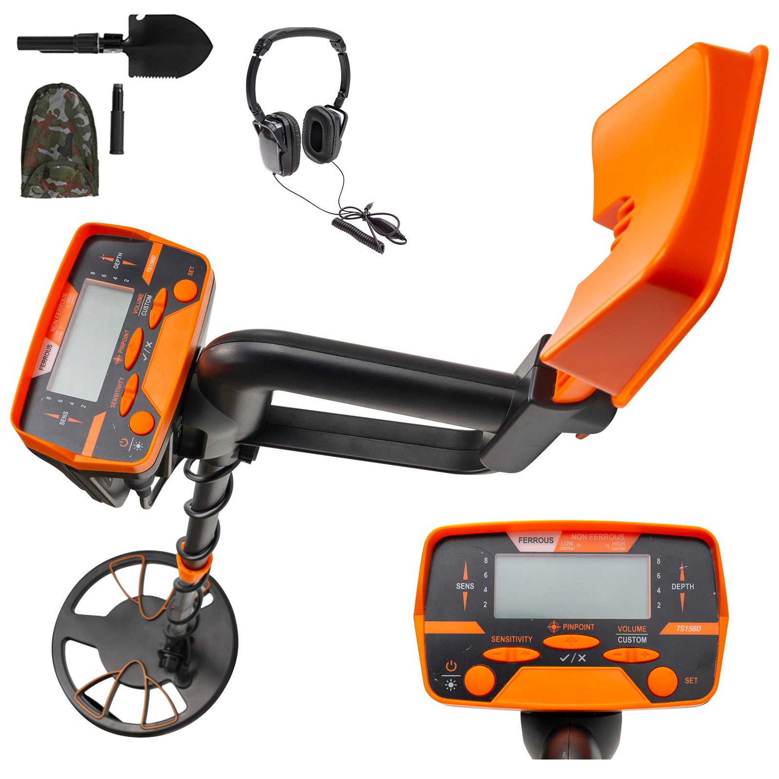 VEVOR waterproof metal detector with accessories: shovel, headphones, and carrying case.