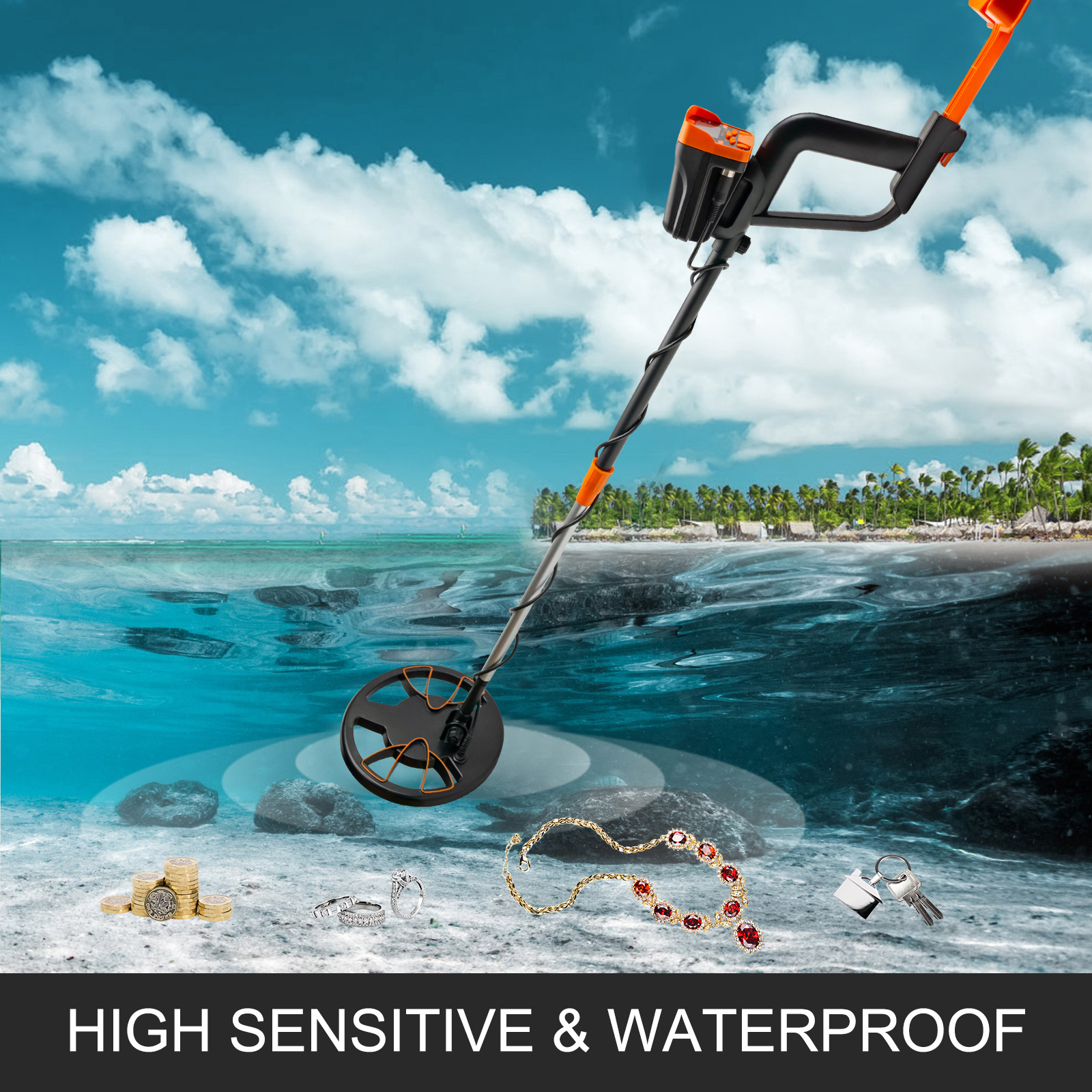 VEVOR waterproof metal detector by the ocean, discovering coins and jewelry.