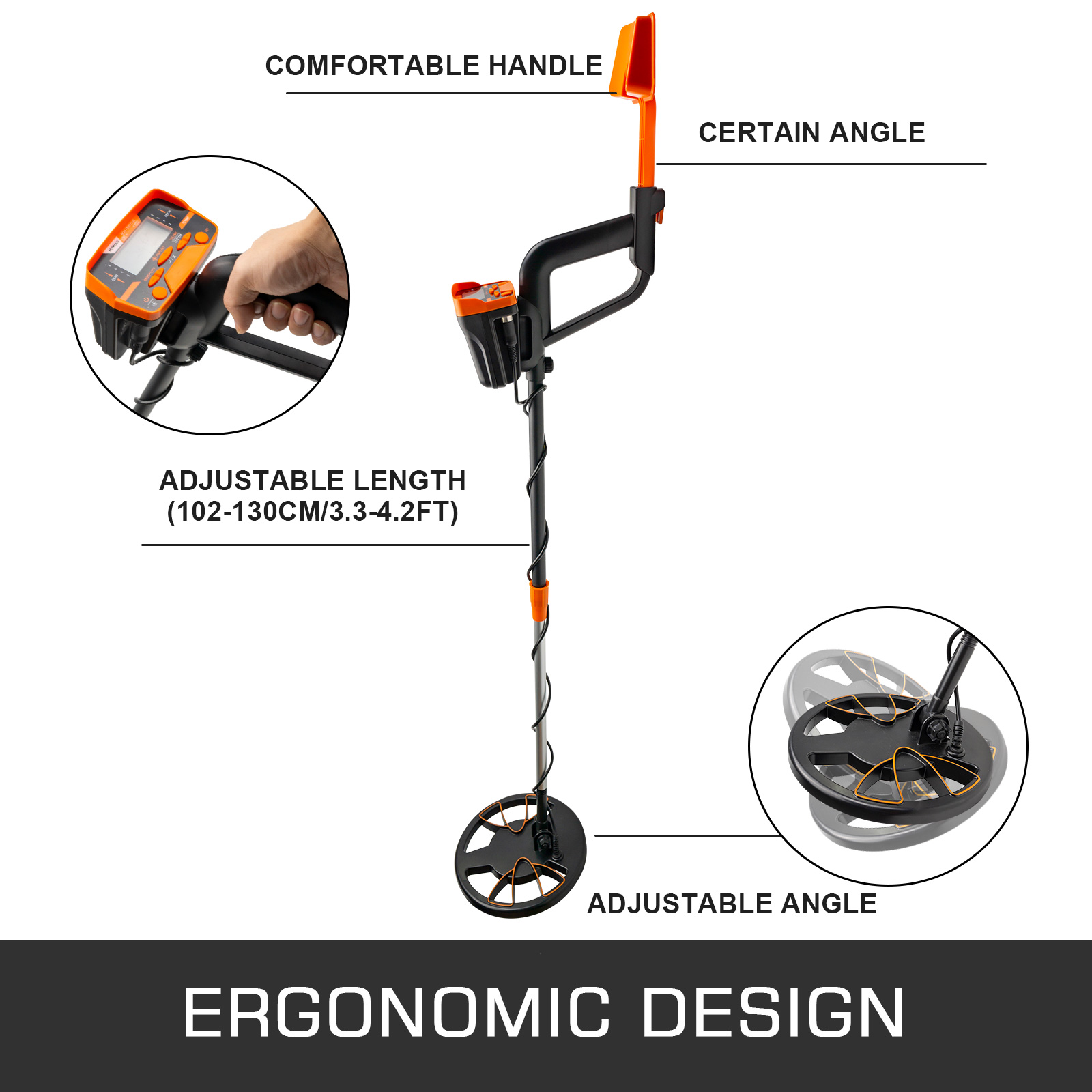 VEVOR waterproof metal detector with ergonomic design and adjustable length.