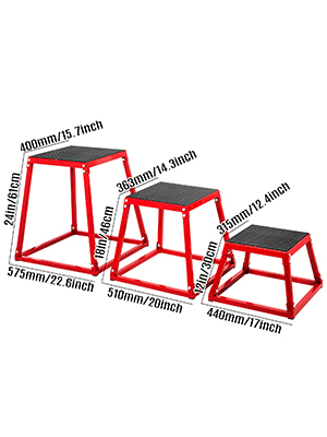 red VEVOR plyometric box set in three sizes with dimensions in mm/inch.