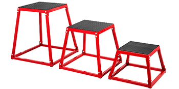 red VEVOR plyometric box set, three different heights with black non-slip surfaces.