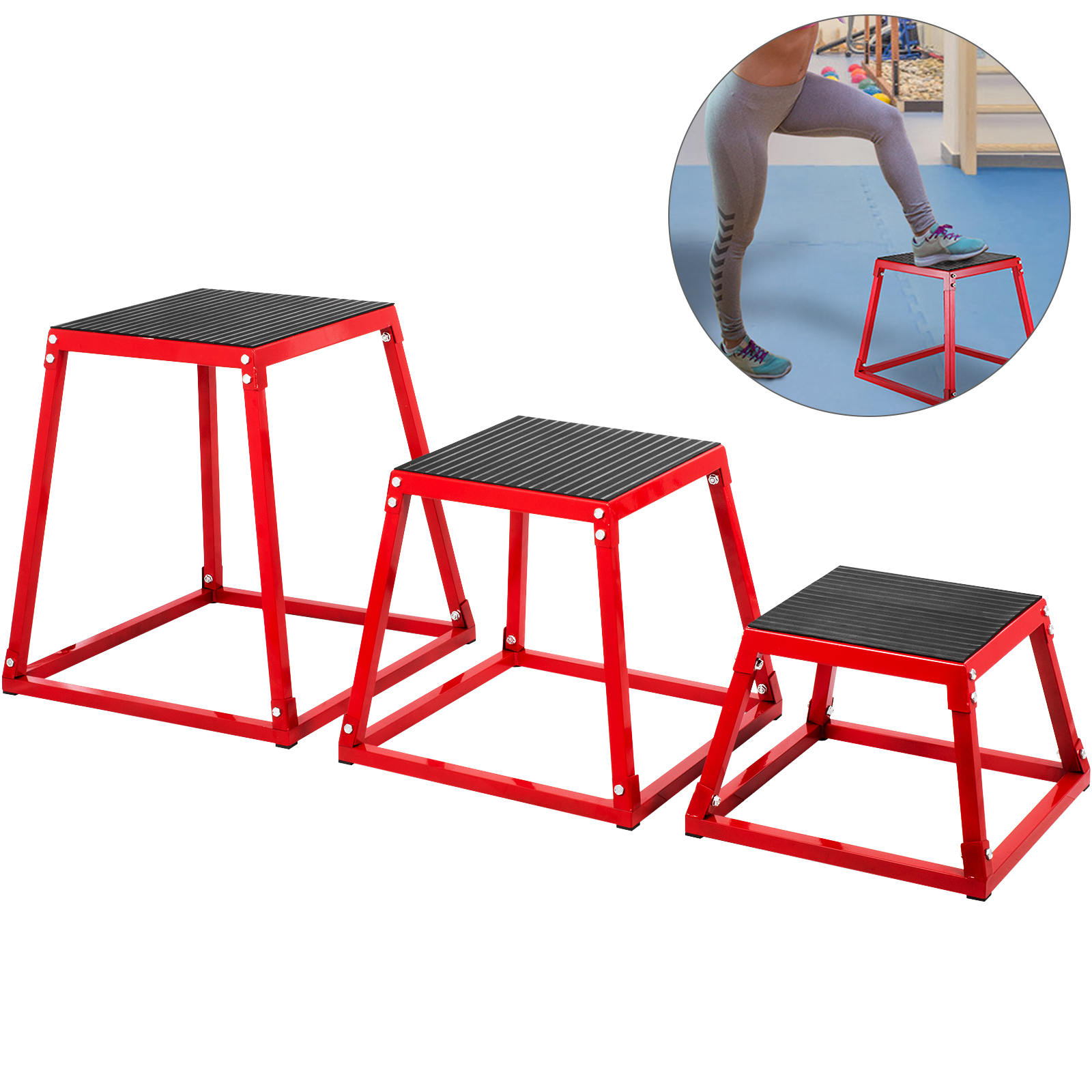 VEVOR plyometric box set of three in red with anti-slip surfaces, shown in gym use.