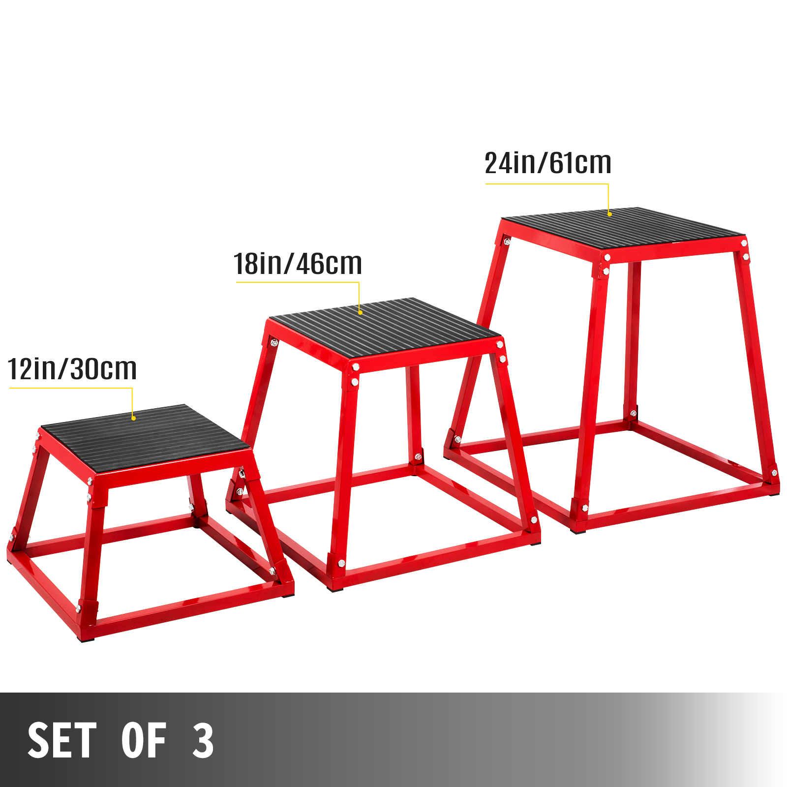 VEVOR plyometric box set of 3 in red with heights labeled 12in, 18in, and 24in.