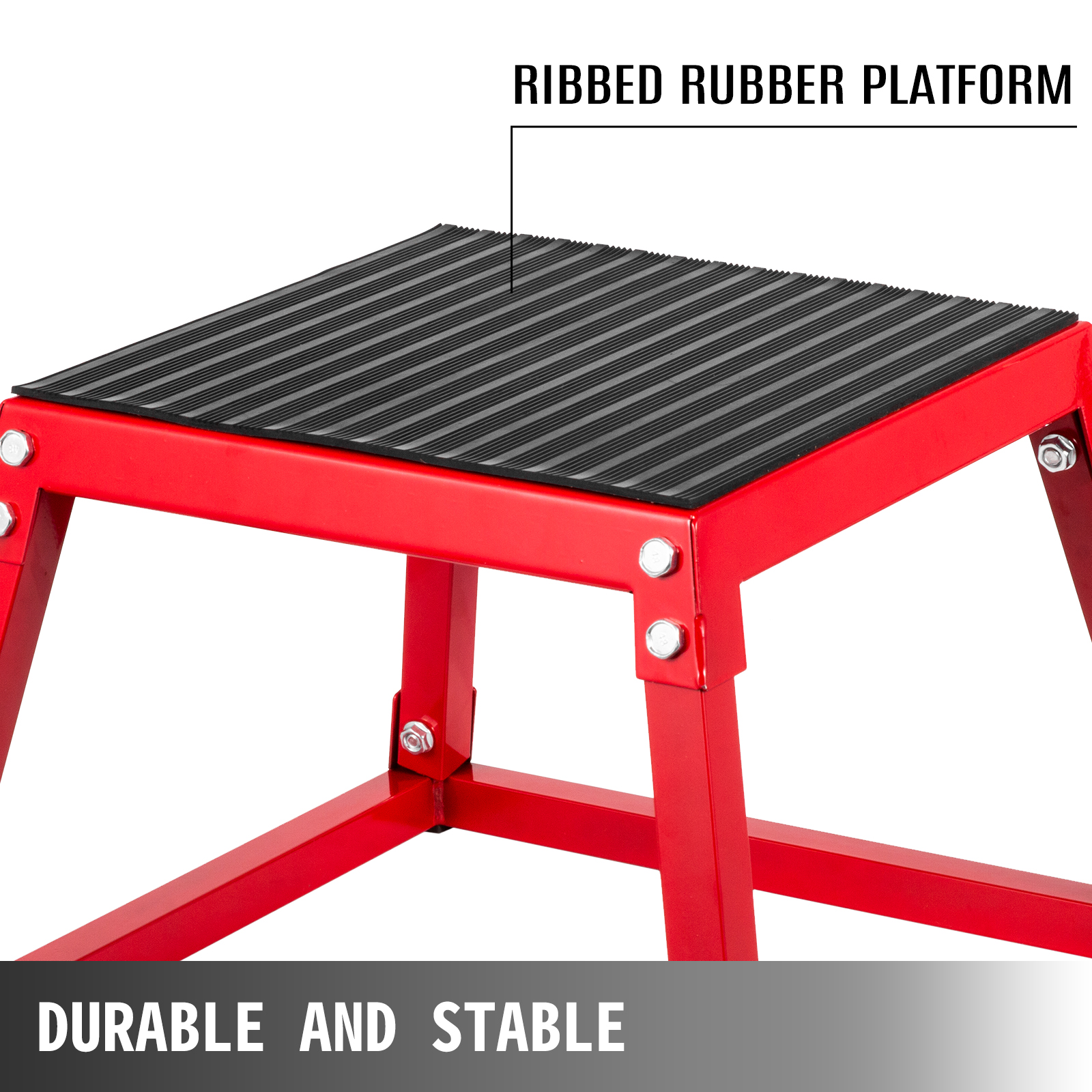 red VEVOR plyometric box with ribbed rubber platform and text "durable and stable".