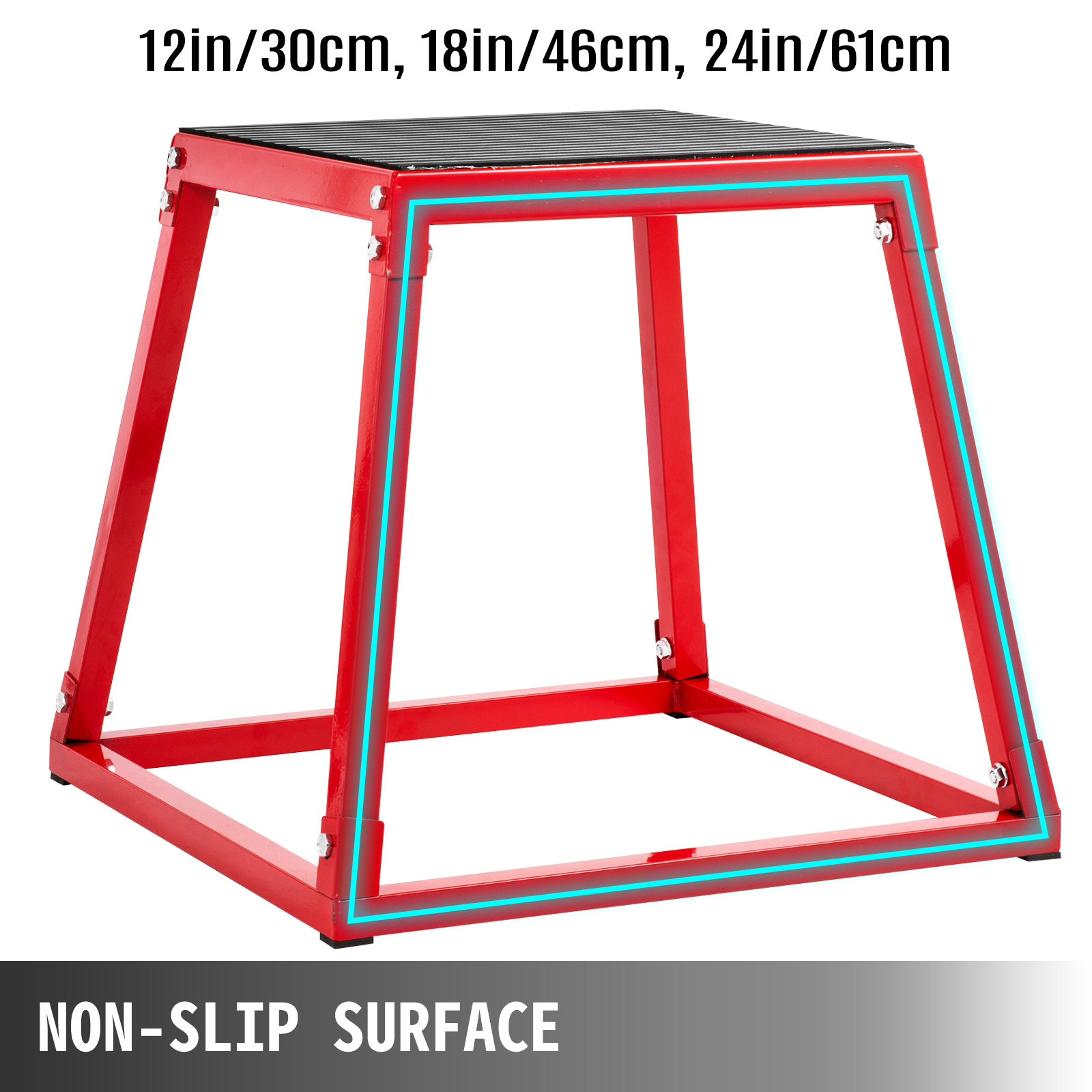 VEVOR plyometric box with non-slip surface, height options: 12in, 18in, 24in.