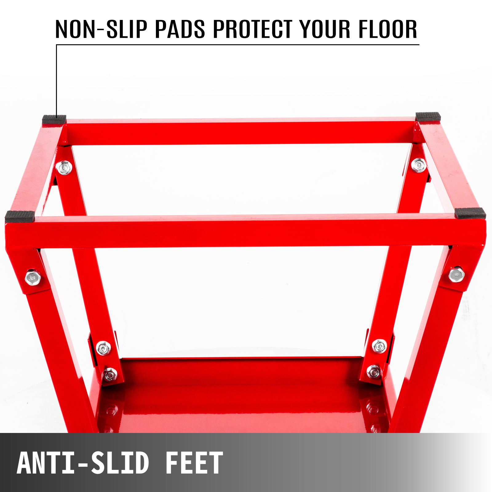 VEVOR plyometric box with red frame and non-slip pads for floor protection.