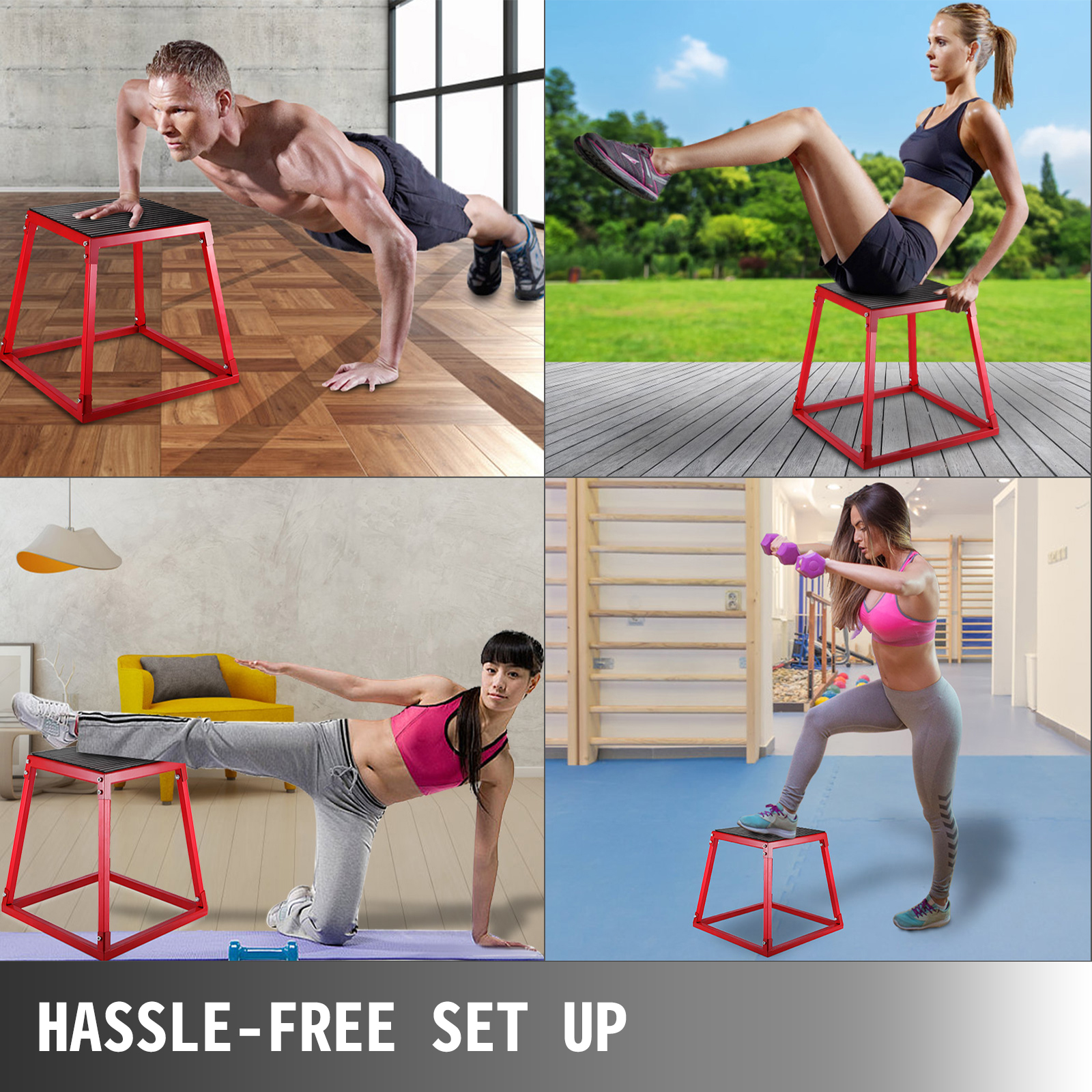 different exercises using a red VEVOR plyometric box with a hassle-free set up.