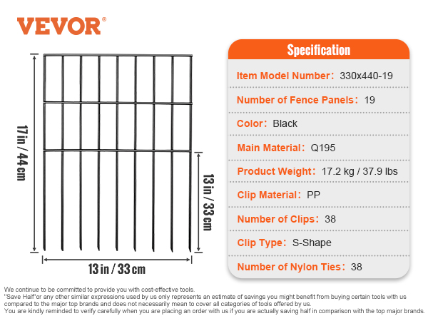 VEVOR animal barrier fence specifications, 19 panels, 17in x 13in, 38 clips and nylon ties, black q195.