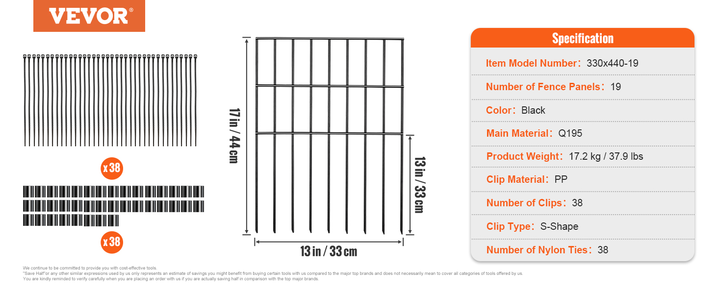 VEVOR animal barrier fence specifications, 19 panels, 17in x 13in, 38 clips and nylon ties, black q195.