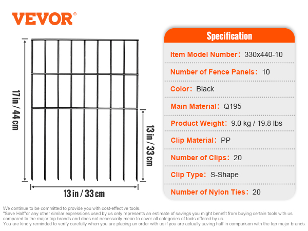 VEVOR animal barrier fence with 330x440-10 model, 10 panels, black, q195 material, 9kg weight.