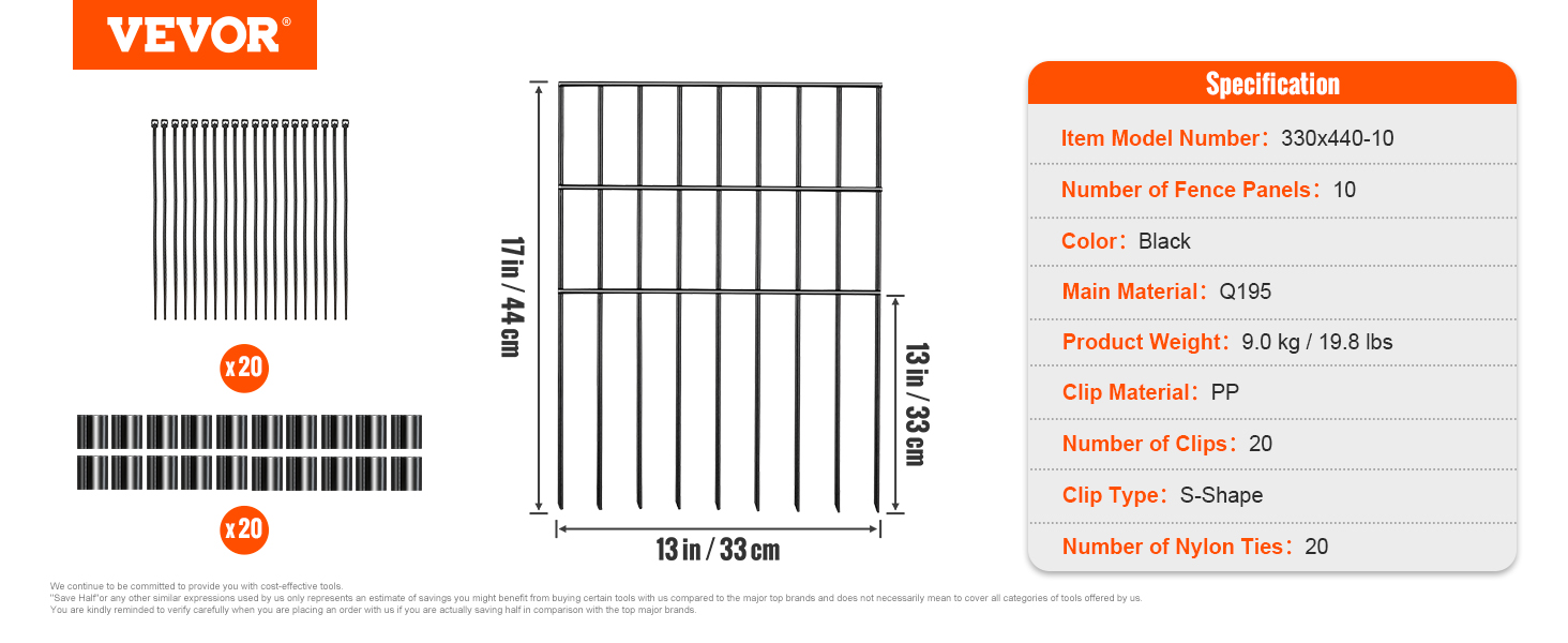VEVOR animal barrier fence with 330x440-10 model, 10 panels, black, q195 material, 9kg weight.